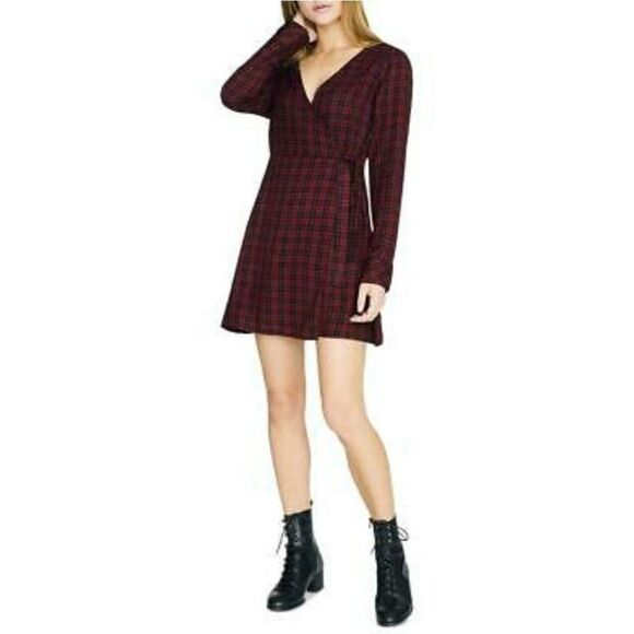 Sanctuary Upbeat Faux-Wrap Plaid Mini Party Dress - Picture 1 of 6